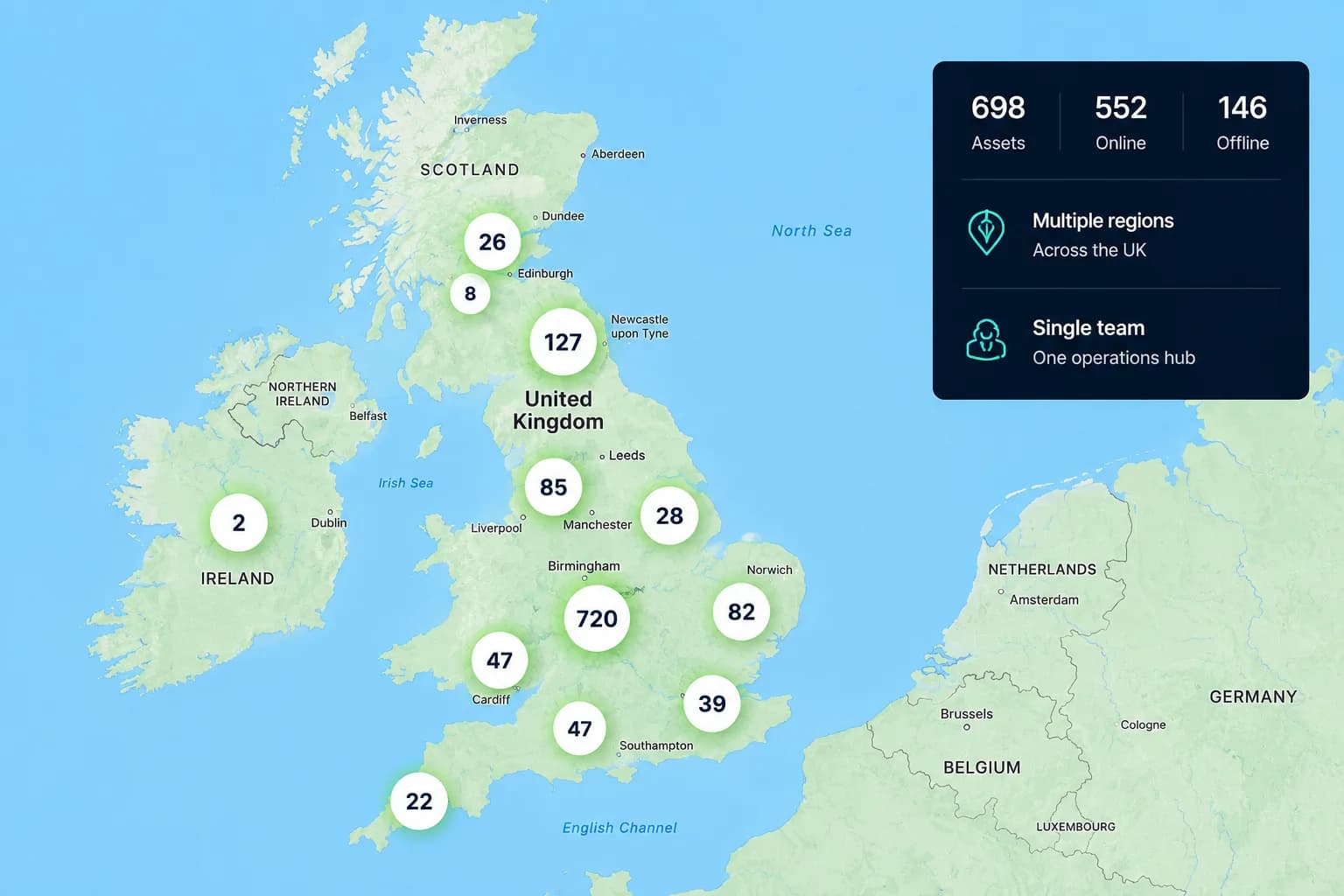 TrackSyte UK fleet map — assets clustered across multiple regions