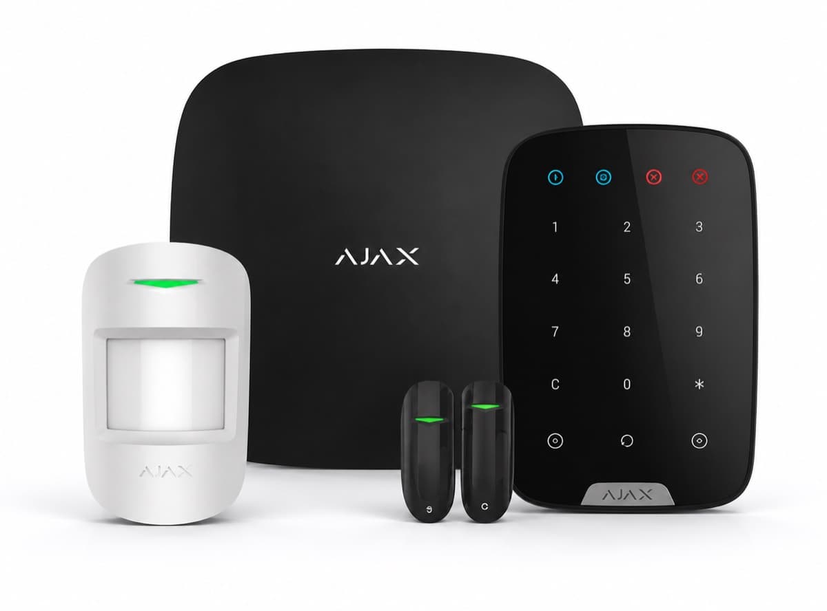 AJAX hub, motion detectors, keypad and door sensors