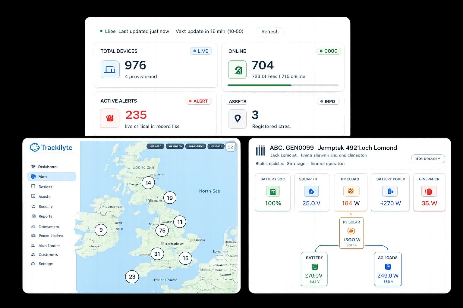 TrackSyte portal — fleet dashboard, UK map and device detail