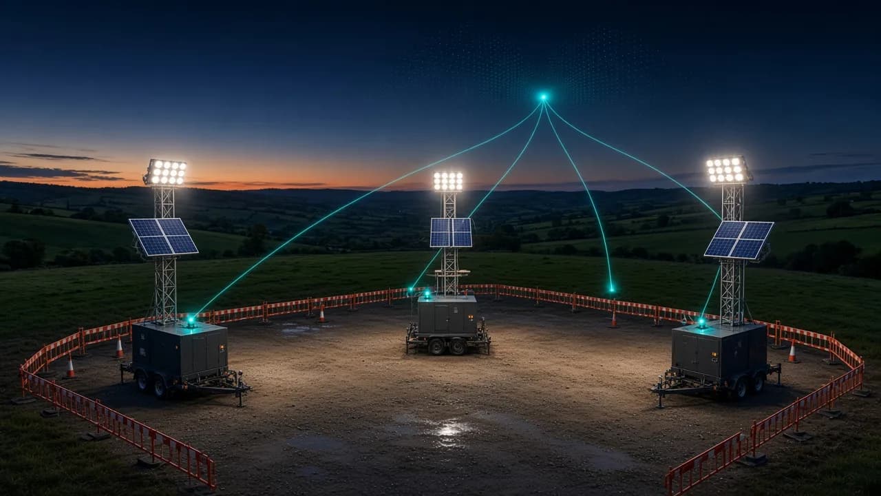 Three solar hybrid lighting towers lighting a fenced compound at dusk, each sending live data to the cloud