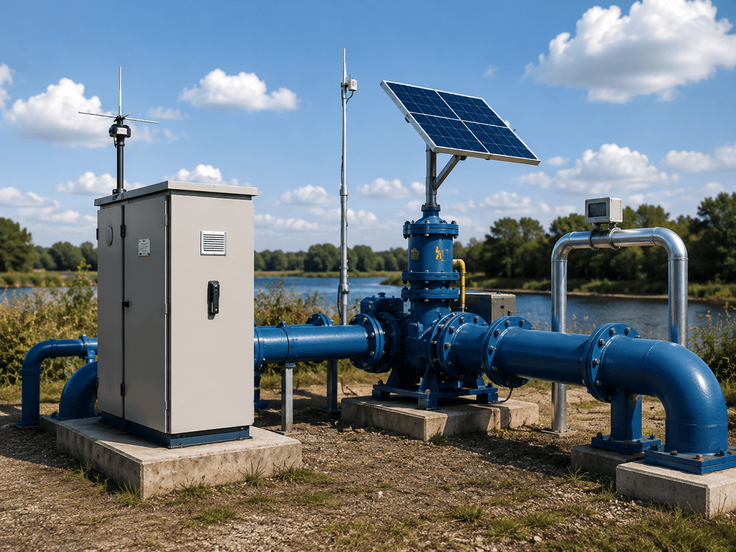 Remote pump station with solar panels beside a river