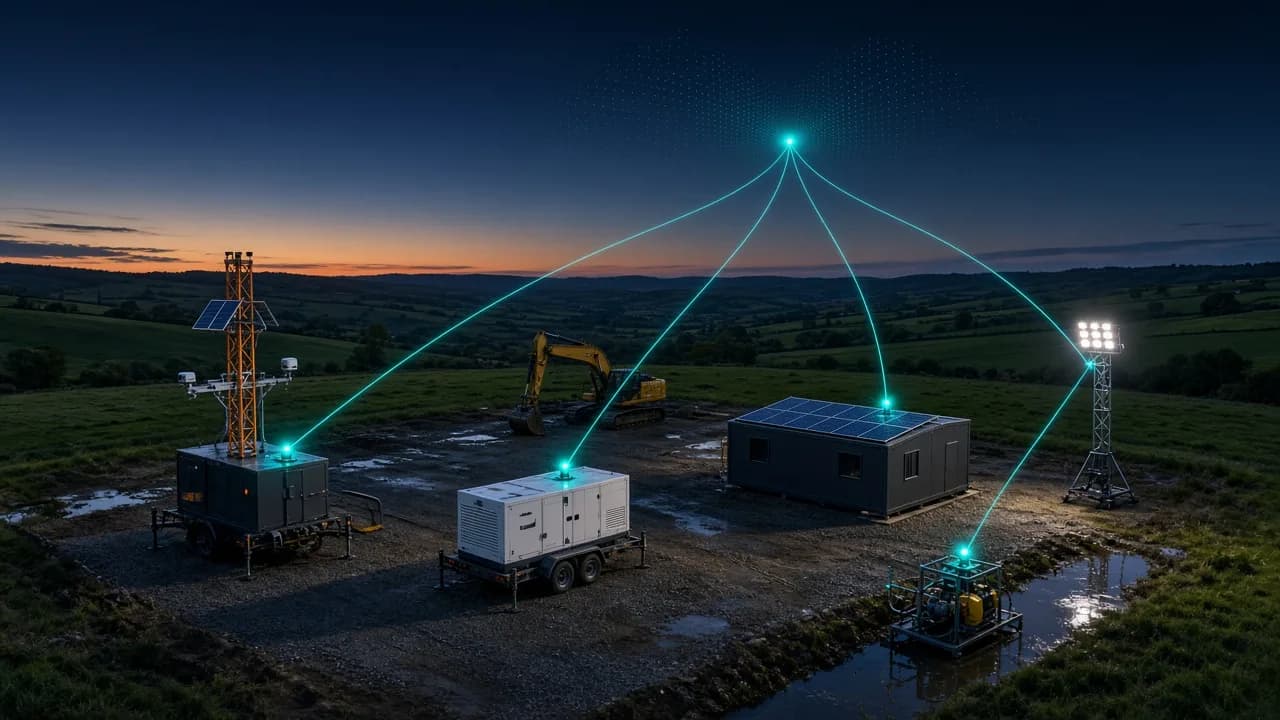 CCTV tower, hybrid generator, welfare cabin, lighting tower and pump on a remote site at dusk, each sending live data to the cloud