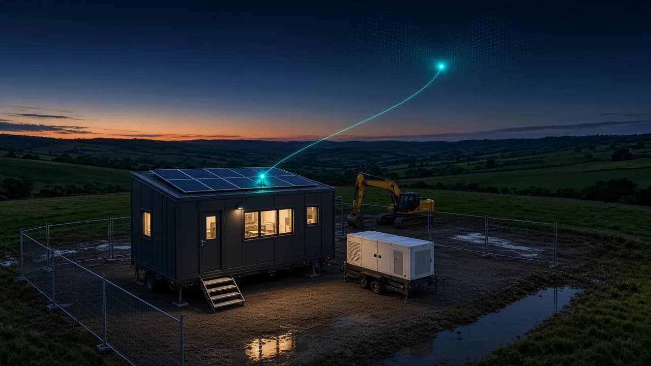 Solar-powered welfare cabin with lit windows and a battery power unit on a construction site at dusk