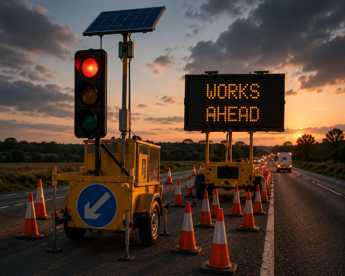Temporary traffic signals and VMS sign at a roadworks at sunset
