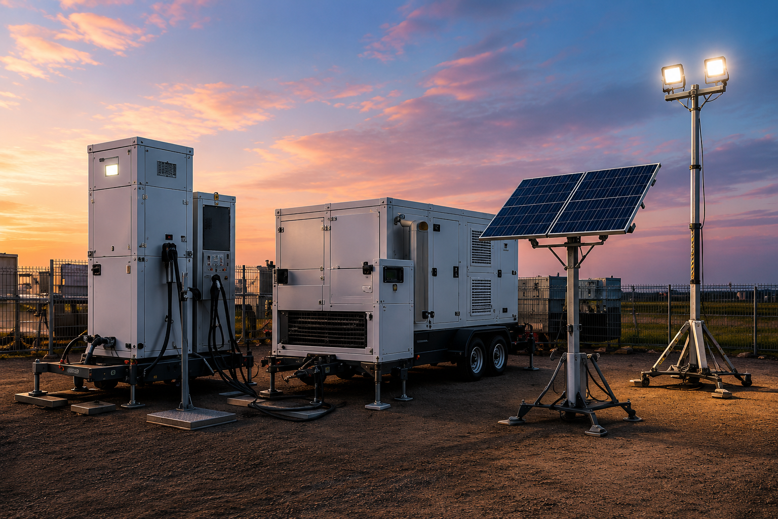 Mobile power assets — fuel cell, generator and solar at dusk