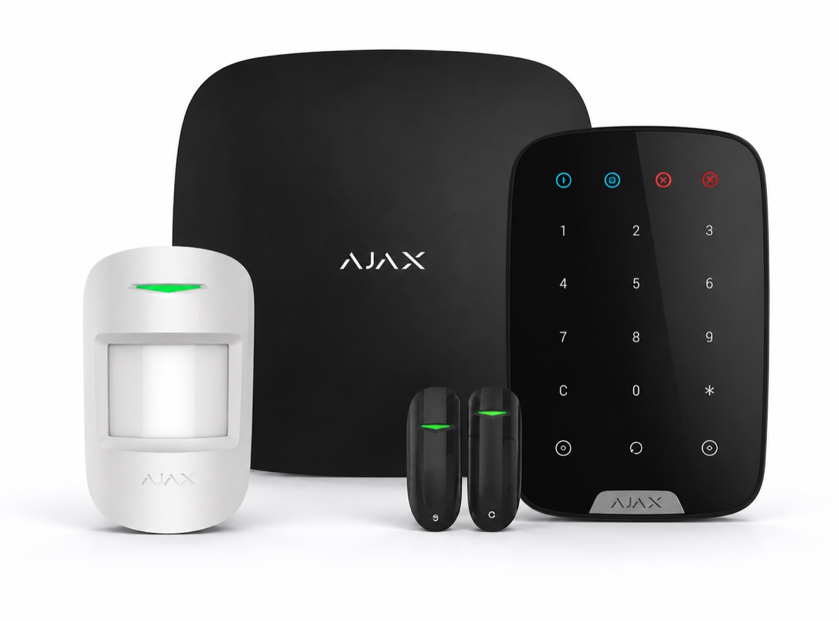 AJAX hub, motion detectors, keypad and door sensors